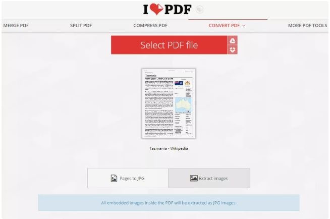 Captura de pantalla del sitio web iLovePDF convirtiendo un PDF a JPG Captura de pantalla del sitio web iLovePDF convirtiendo un PDF a JPG